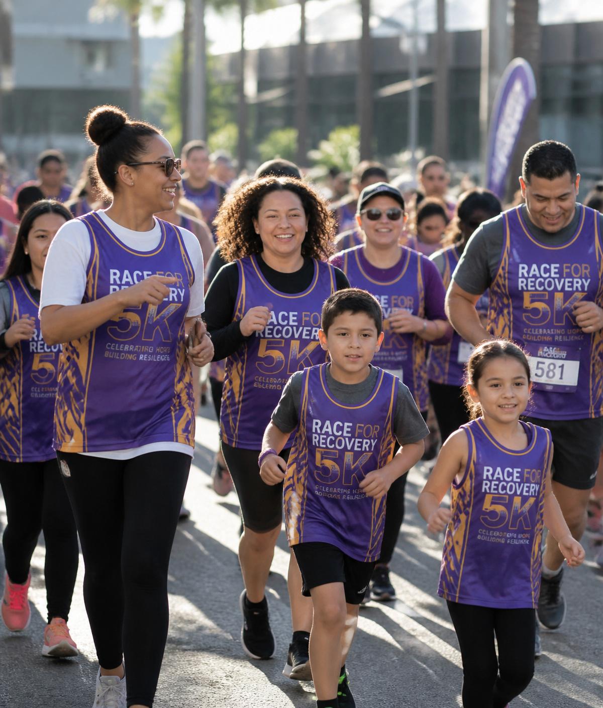 Diverse community members in matching purple event vests running the Stroke Recovery 5K